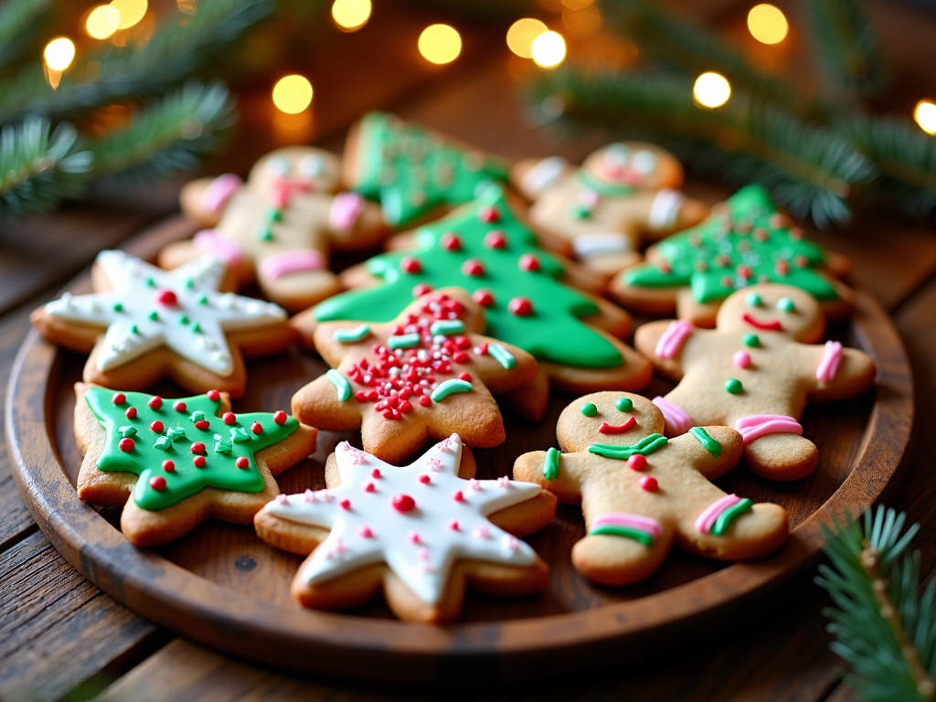  a wooden plate with a variety of decorated Christmas cookies on it. The cookies are in the shape of Christmas trees, star-shaped cookies, and gingerbread men. Each cookie is decorated with green icing and red and white sprinkles. The plate is placed on a wooden table with a sprig of pine tree branches in the background. The background is blurred, but it appears to be a wooden surface with string lights. The overall mood of the image is festive and cozy.