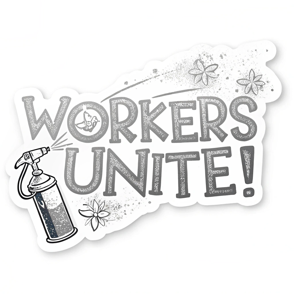 Sub Design 5: Create a stencil-cut effect where the letters 'Workers Unite!' appear sprayed onto the sticker background, perhaps with slight overspray details for a gritty, street-art feel.