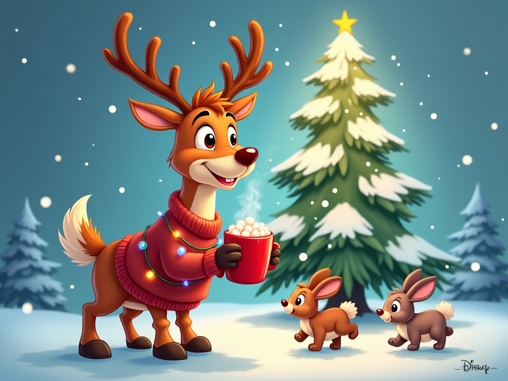 A cheerful cartoon reindeer wearing a Christmas sweater with blinking lights, standing beside a tall snow-covered tree. The reindeer holds a mug of hot cocoa topped with marshmallows, enjoying the winter scene as a family of rabbits hop playfully around its feet.