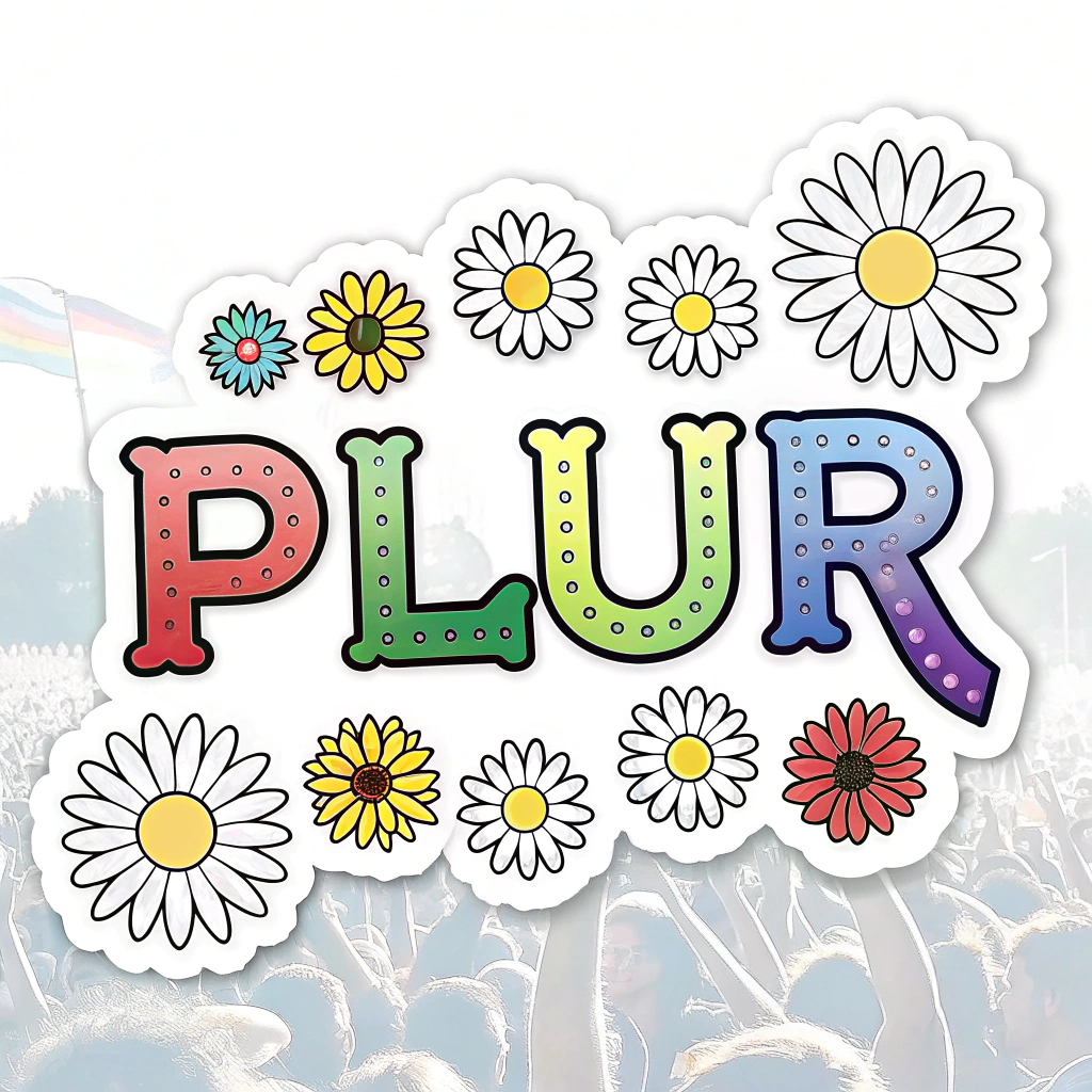Sub-design Idea 4: 'PLUR' Themed Pixel Daisies - Pixel daisies integrated with the letters P, L, U, R in a blocky pixel font, or four distinct pixel daisies each representing a letter with unique colors, set against a vibrant rave-inspired background.