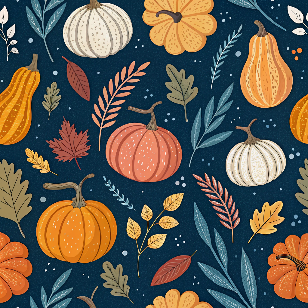 Beautifully designed Thanksgiving pattern combining different styles of pumpkins, decorative gourds, and squashes. Set against a twilight blue background, the variations in color and form create a rich tapestry that symbolizes the plentiful gifts of the Thanksgiving season.