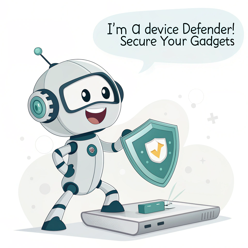 Sticker Design 3 (Guardian Mascot): A friendly yet vigilant character (e.g., a small robot with a shield, a cyber-owl) standing protectively over a generic device. Speech bubble or caption: 'I'm a Device Defender! Secure Your Gadgets.'