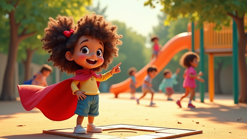 A sun-soaked playground finds its Monopoly enthusiast as a girl, beaming in a velvet Monopoly cape, points to a hopscotch course styled like a Monopoly board. The scene illustrates an imaginative blend of traditional playground activities with strategic board game elements, engaging kids in active experimentation.