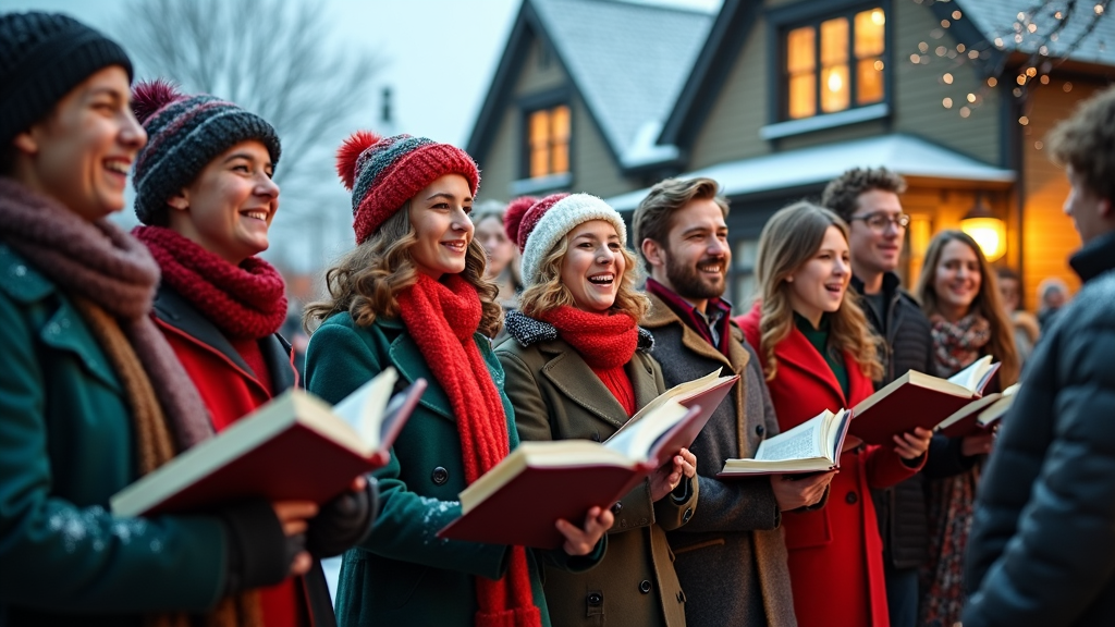 A vibrant and joyful group of carolers dressed in vintage winter attire, standing in front of a charming, snow-dusted house, their faces lit up singing traditional Christmas songs. The air is filled with musical notes and laughter, while passerby stop to listen, captivated by the harmonious blend of voices and holiday spirit.