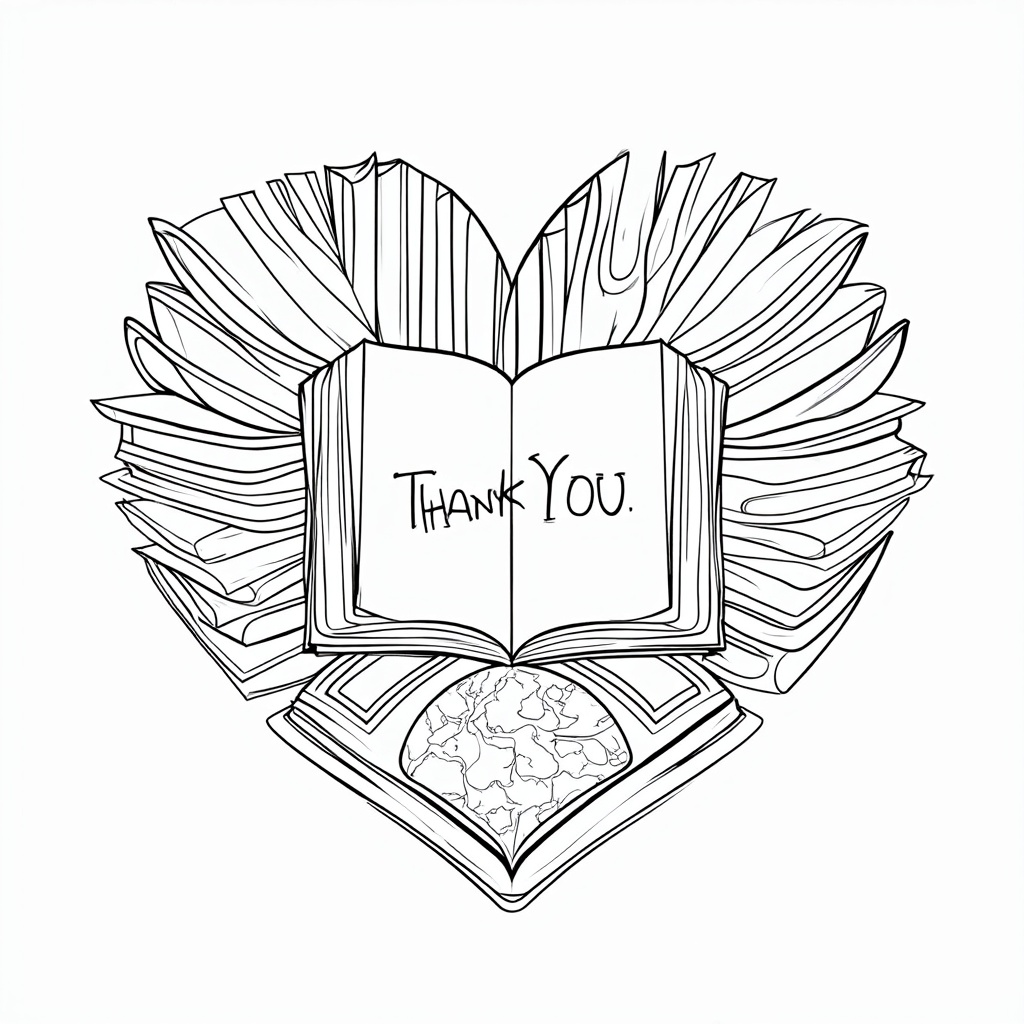 Design 4: Books, pencils, and a globe dynamically intertwined to form a loose heart shape, symbolizing love for teachers. The elements should appear connected, with clear outlines for coloring. A simple 'Thank You' can be written in a child-like font on one of the book covers.