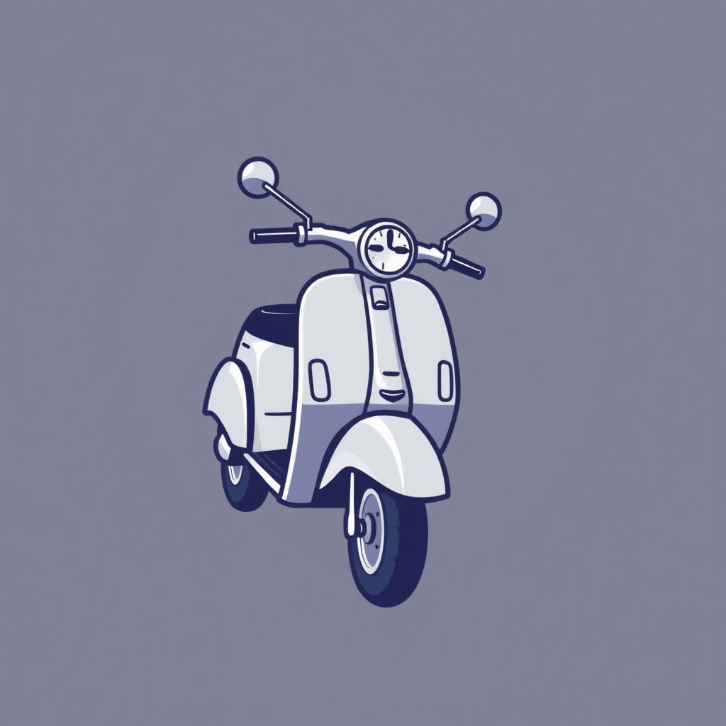 The image is a simple illustration of a scooter. The scooter is white in color and has a round headlight in the center. It has two round mirrors on either side of the handlebars and a small handlebar at the front. The body of the scooter has a small window on the front and a door on the back. The wheels are black and appear to be made of rubber. The background is a light grey color.