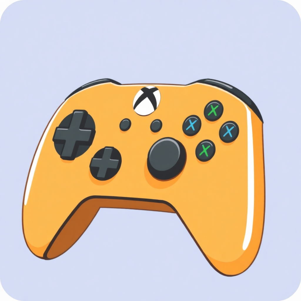 The image is a digital illustration of a gaming controller. The controller is orange in color and has a black X logo on the top left corner. It has four black buttons on the right side, two on the left side, and three on the bottom right side. The buttons are arranged in a grid-like pattern, with each button having a different symbol - a plus sign, a minus sign, and a green X. The overall design of the controller is simple and minimalistic.