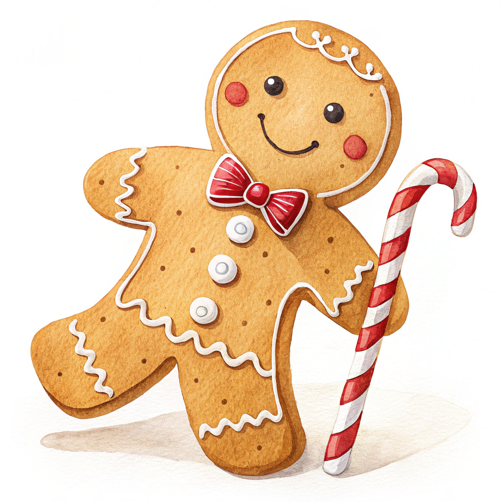 The image shows a watercolor painting of a gingerbread man holding a candy cane against a white background. The gingerbread is decorated with colorful icing and sprinkles, and the candy cane is a bright red color.