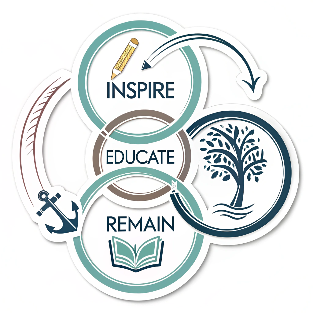 Design 2: 'Interlocking Rings': Three interlocking rings, each with one word: 'Inspire' (perhaps with a subtle spark or starburst), 'Educate' (with a book or pen nib icon), and 'Remain' (with an anchor or rooted tree icon). The overall design emphasizes interconnectedness and stability.