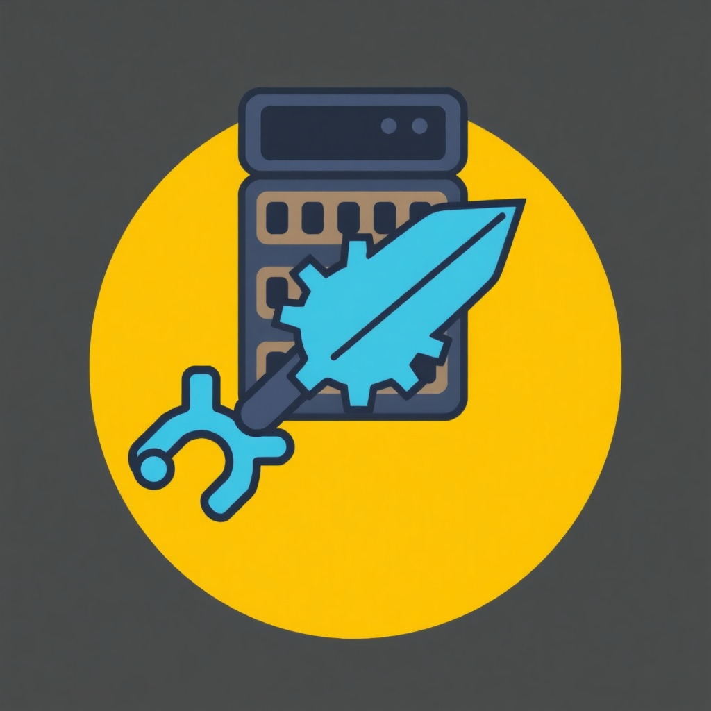 The image is a circular icon with a yellow background. In the center of the circle, there is an illustration of a calculator with a blue arrow pointing towards it. The calculator has a black screen and a few buttons on the front. Next to the calculator, there are two blue wrenches, one on each side. The overall design is simple and minimalistic.