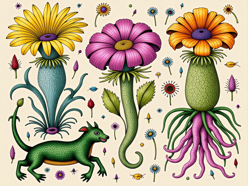 AI Reimagines Haeckel: Generative AI interprets the style of classic botanical and zoological illustrators (like Ernst Haeckel) but introduces surreal, impossible anatomies or emergent patterns characteristic of AI generation.