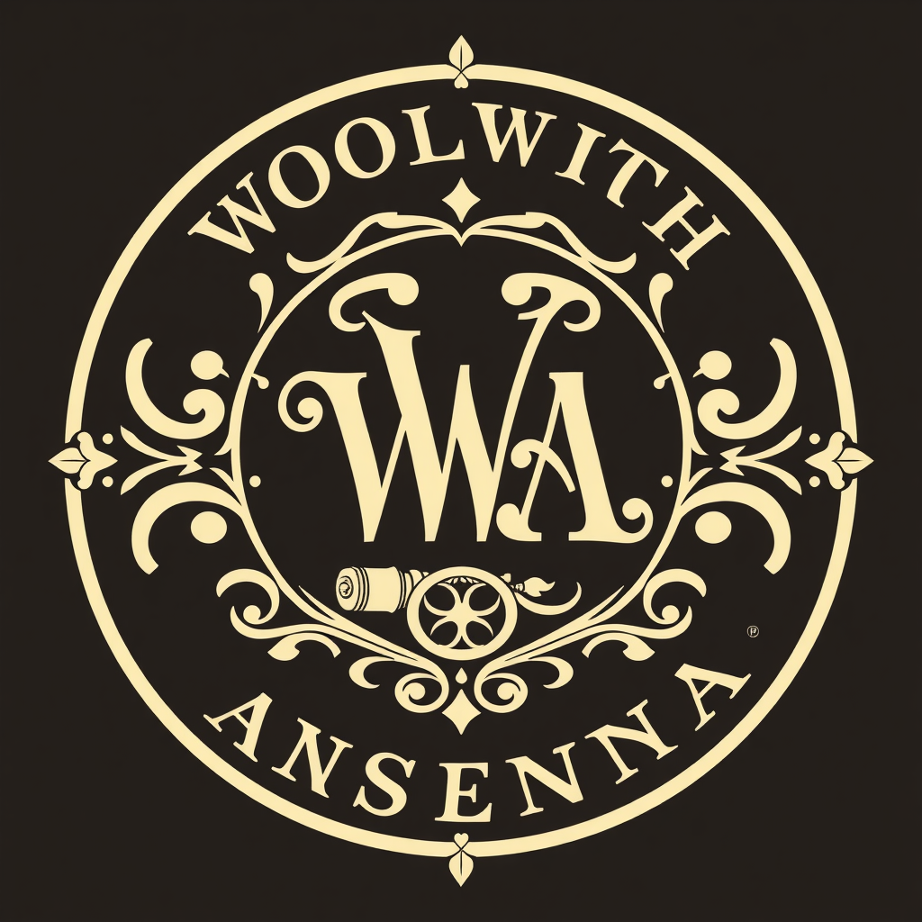 An ornate serif monogram badge featuring 'WA' (Woolwich Arsenal) with Victorian flourishes, enclosed in a classic circular or shield shape, subtly incorporating a cannon motif.