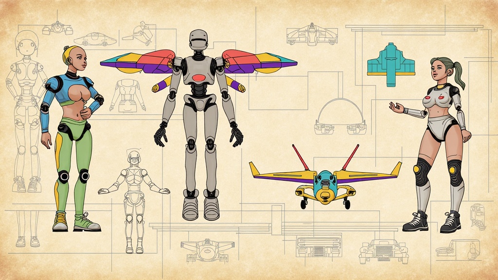 AI's Nostalgic Blueprint: A movie poster designed as a melancholic collage or layered composition, as if an AI is archiving or dreaming about a future that never was. Elements include AI-generated blueprints of robots, schematics of flying cars, and futuristic fashion sketches, with a faded or blueprint-like color palette.