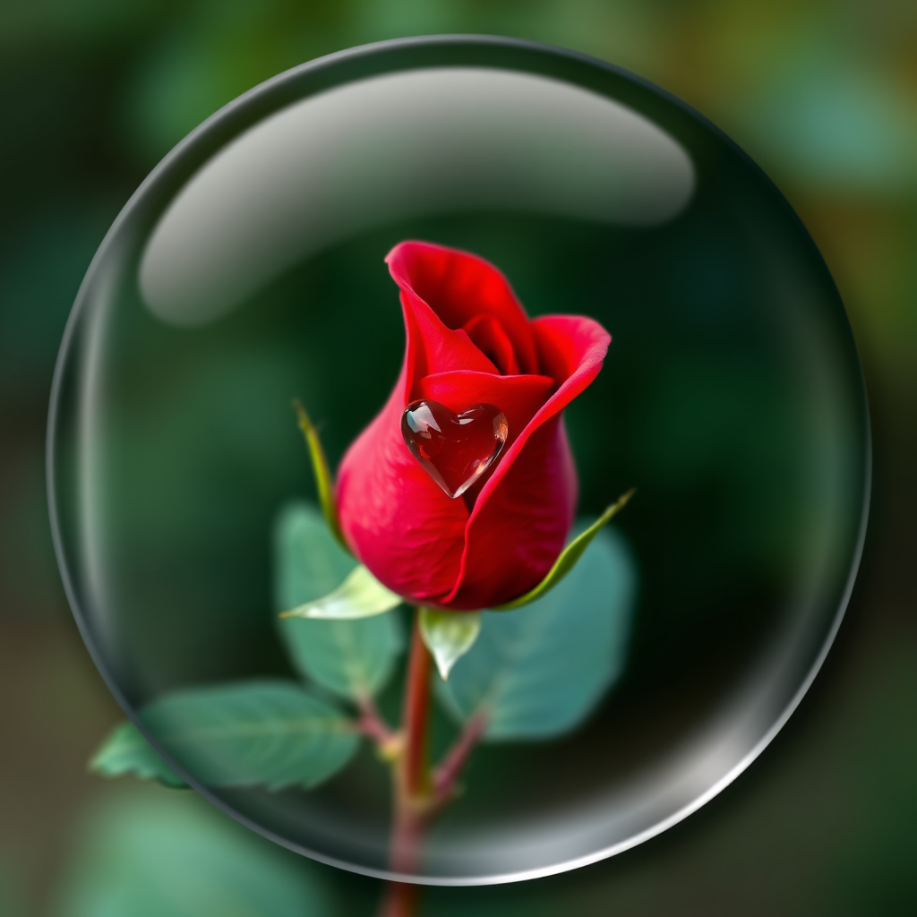 A single red rose with a heart-shaped dewdrop on its petal.