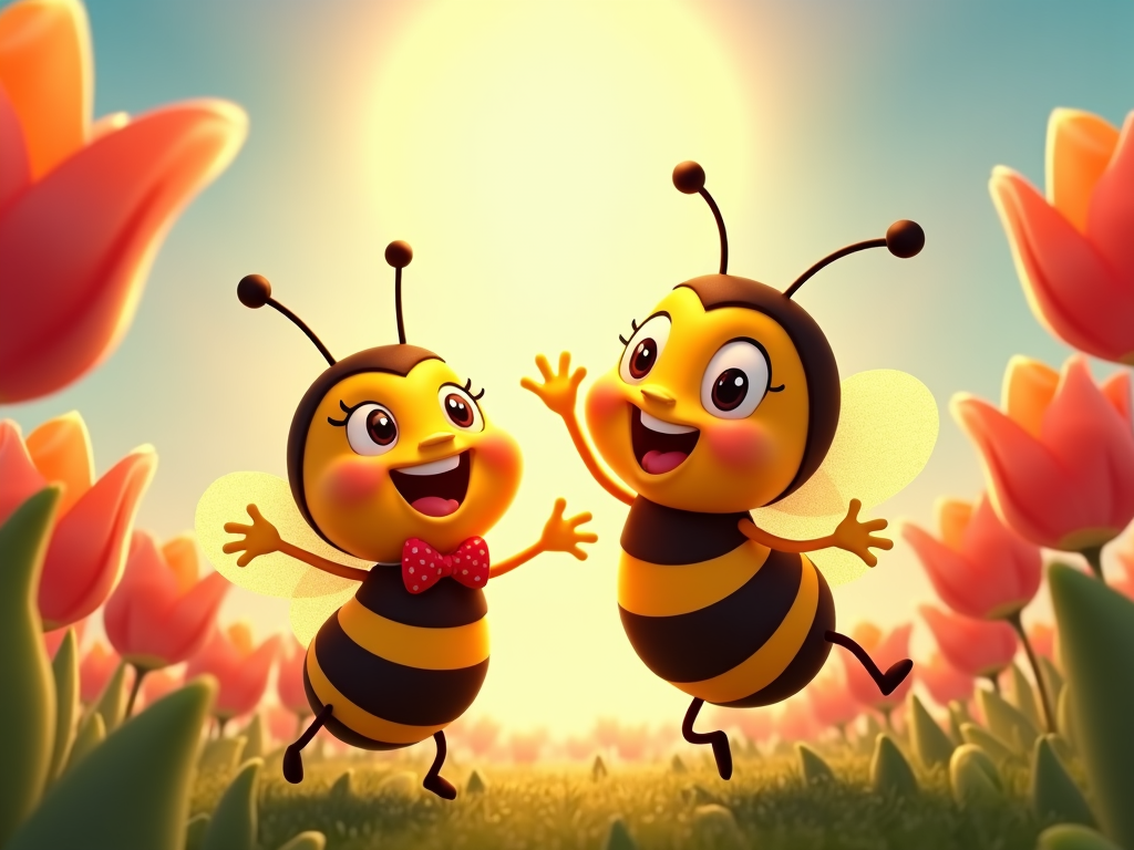 A pair of cartoon bees dancing gleefully under a sunbeam, surrounded by vibrant tulips swaying gently in the breeze.