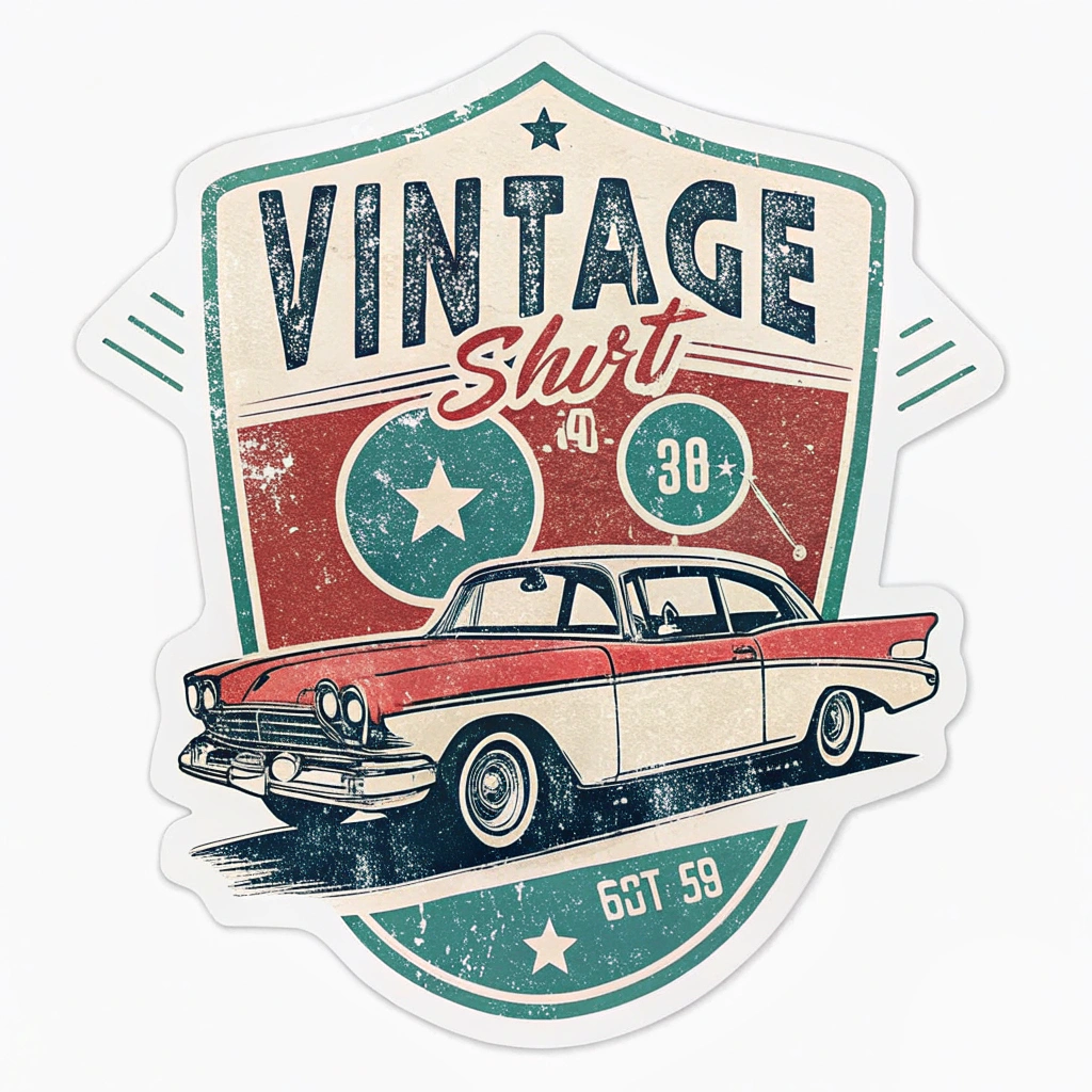 The image is a vintage-style sticker with a red and green color scheme. The background is a shield-shaped design with the words Vintage Shirt written in a bold, cursive font at the top. Below the shield, there is an illustration of a red vintage car with a white stripe running along the side. The car is parked in front of a green circle with a star in the center. The number 30 is written in the top right corner, indicating that the car is a 30-year-old model. The sticker also has the text 6CT 59 written on the bottom right corner. The overall design has a retro, vintage feel to it.