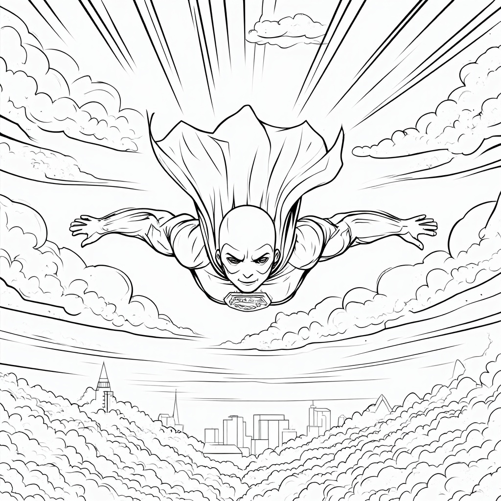 Dynamic Descent: Superhero angled downwards, diving through a cluster of detailed clouds, with speed lines indicating fast movement. A hint of a cityscape could be visible below the cloud layer.
