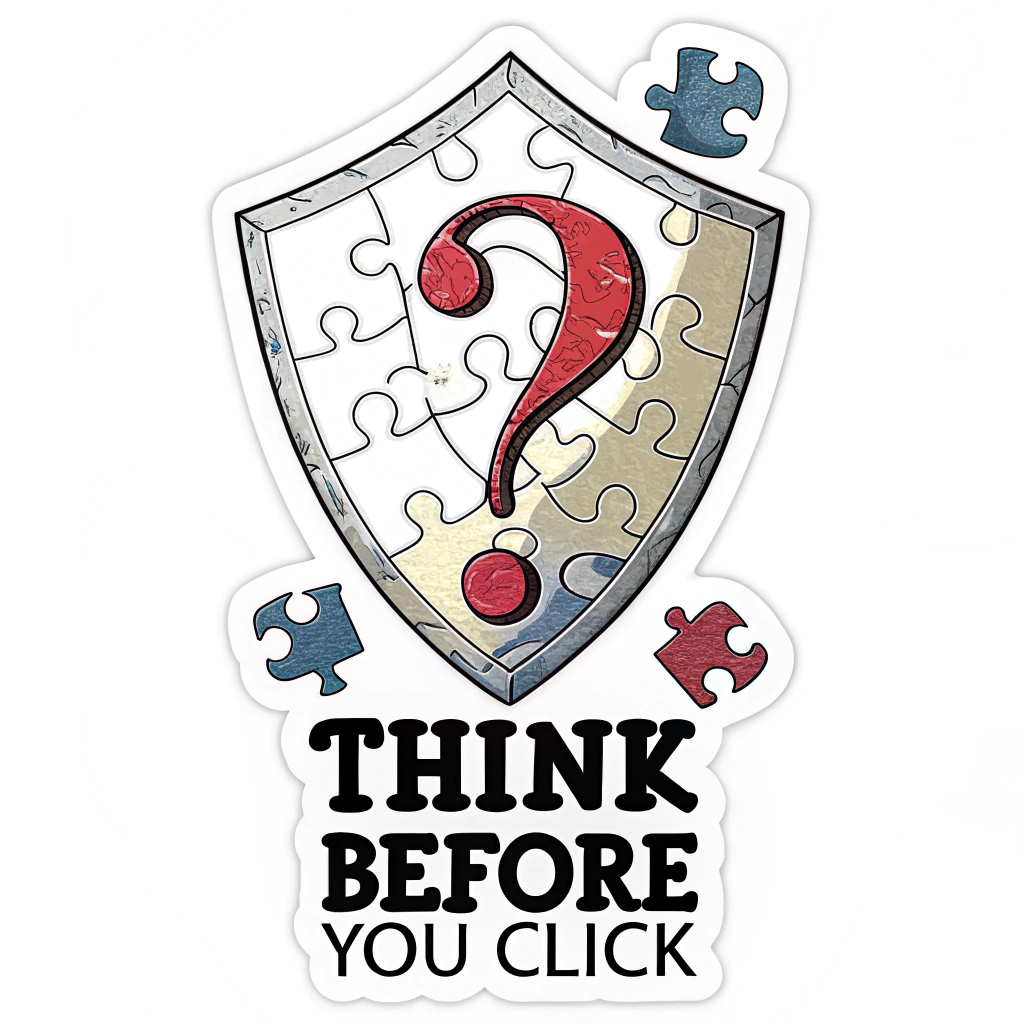 Sub Design Idea 5: A shield composed of interlocking puzzle pieces, with one crucial piece shaped like a question mark or a warning sign floating slightly above, ready to be placed. This symbolizes that thinking/vigilance is the key piece to complete online safety. Text: 'Think Before You Click'.