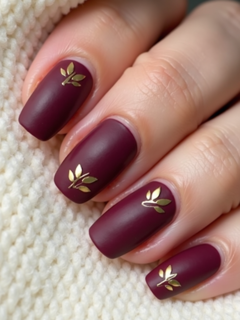 Elegant Thanksgiving nails painted in matte burgundy adorned with small golden leaf motifs, offering a touch of seasonal class.