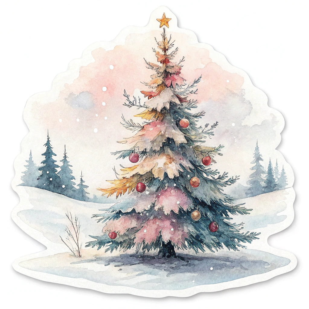 A delicate watercolor-painted Christmas tree sticker featuring soft hues and gently blurred edges for an artistic and dreamy holiday look.