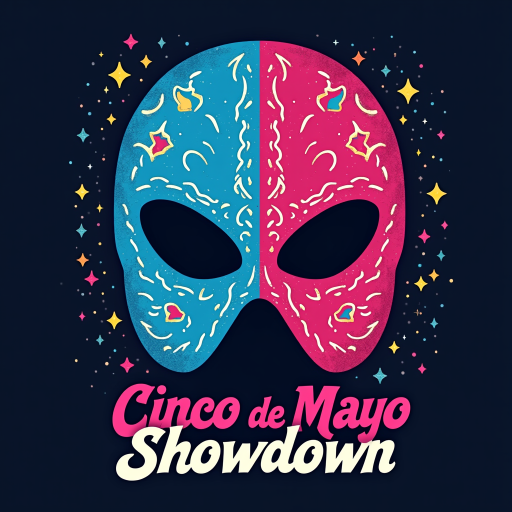 A more graphic, minimalist design featuring the silhouette of a Lucha Libre mask, split down the middle with two contrasting vibrant color fills (e.g., electric blue vs. hot pink) to represent the 'showdown' aspect. 'Cinco de Mayo Showdown' in a clean, modern sans-serif font.