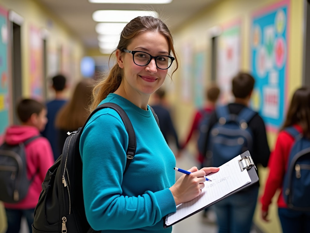 In a bustling hallway, a teacher stands holding a clipboard, checking names off a list as students pass by. The walls are adorned with motivational posters and student artwork.