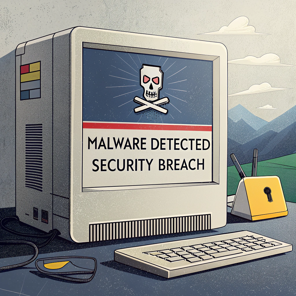 Sub-design 3 (Retro Alert Box): A sticker designed as a classic pixelated computer operating system alert box. The alert box would feature a simple pixel skull icon (like an error icon) and display text such as 'MALWARE DETECTED!' or 'SECURITY BREACH'. Color scheme: Retro greys, blues, and a warning yellow/red for emphasis.