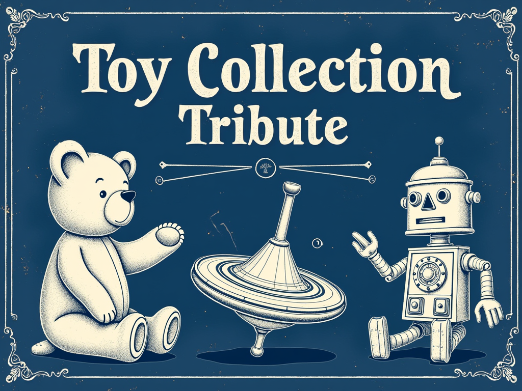 A blueprint-style design that shows the 'anatomy' of a few classic toys, with labelled parts and technical-looking drawings. The title 'Toy Collection Tribute' could be in a classic blueprint font.