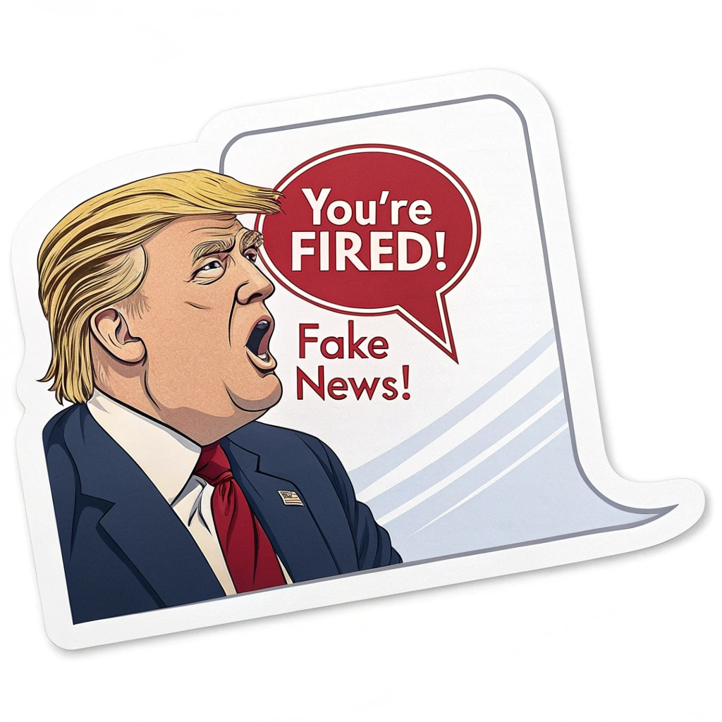 Trump with a speech bubble saying 'You're Fired!' or 'Fake News!'