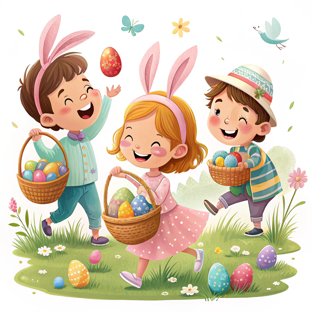 A sticker showing children participating in an Easter egg hunt on Easter Monday, emphasizing the fun and festive aspect of the day.