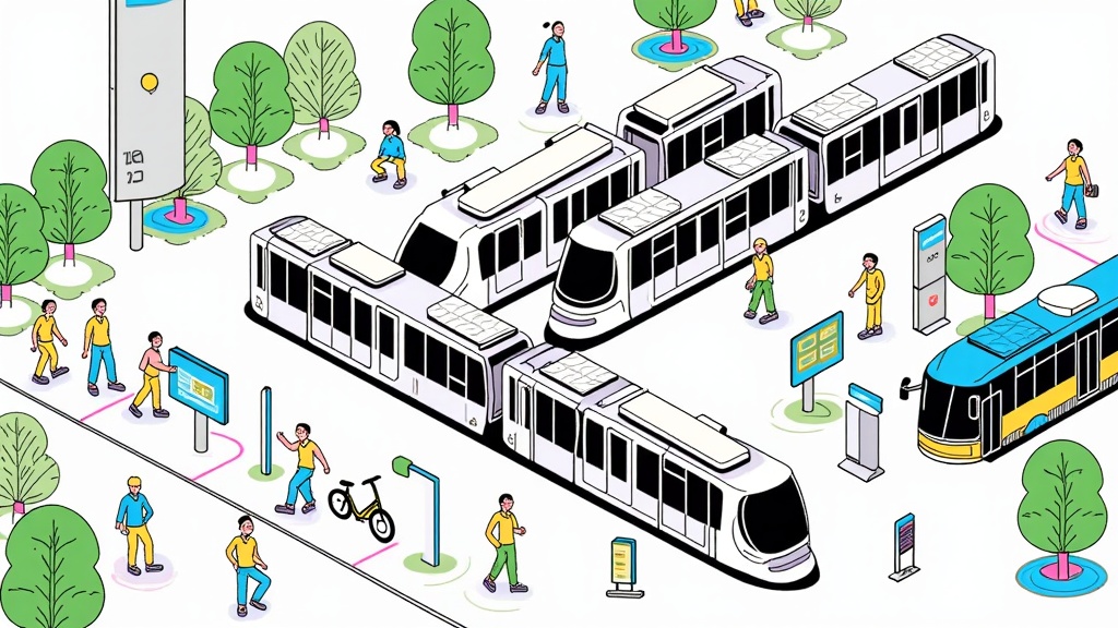 A dynamic scene of a futuristic public transport hub showcasing sleek electric trams, autonomous buses, readily available e-bike/e-scooter sharing stations, and pedestrian-friendly zones with ample green cover and smart information displays.