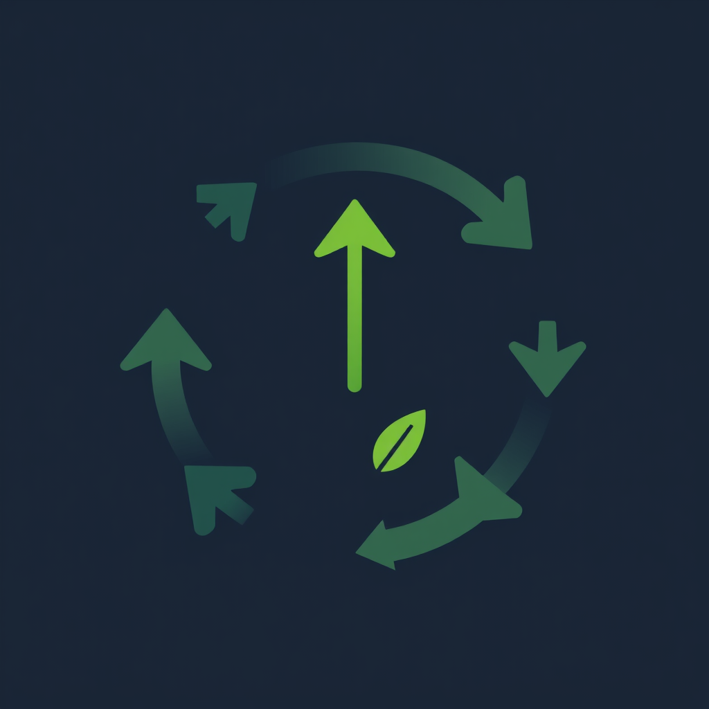 A circular arrow, or multiple arrows forming a cycle, seamlessly transitioning into an upward-pointing arrow or a leaf/sprout, symbolizing growth and renewal from the cyclical process.