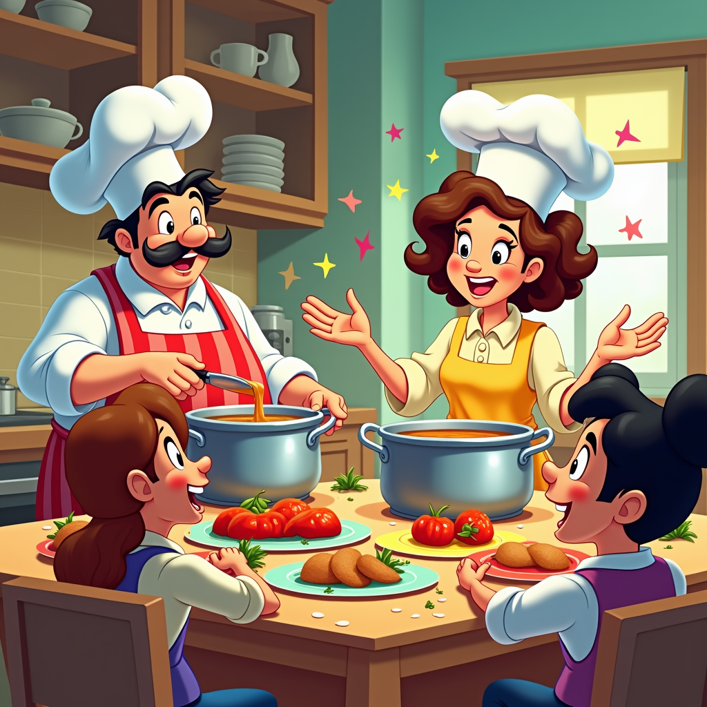 The 'Content Kitchen': Friendly cartoon chefs represent filters. They 'cook' content, removing 'bad ingredients' (inappropriate content) and adding 'fun spices' (safe elements). Minors see only the 'chef-approved' content. Funny friends share these 'safe meals' together.