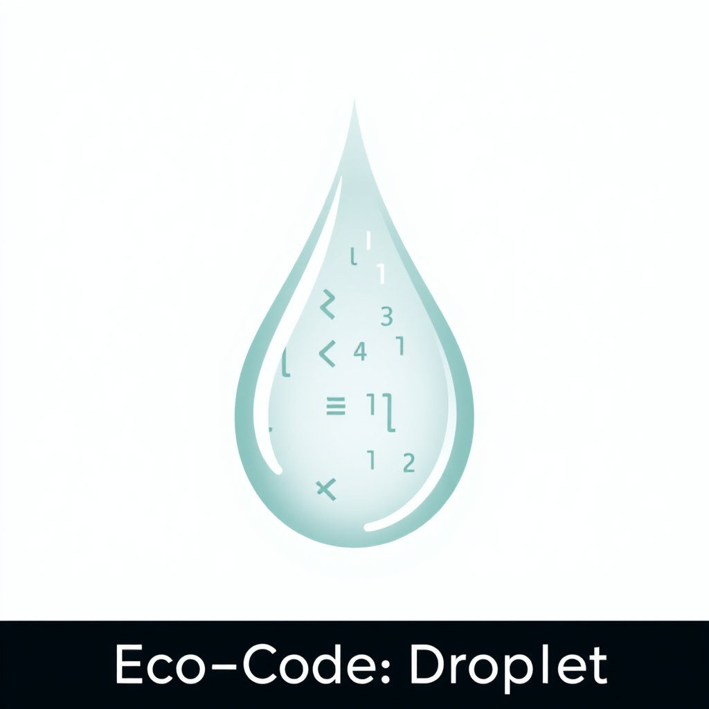 Eco-Code Droplet: A clean, stylized water droplet shape with subtle, embedded minimalist code elements (e.g., '<>', '{}') or binary patterns in its reflection, representing resource conservation in tech.