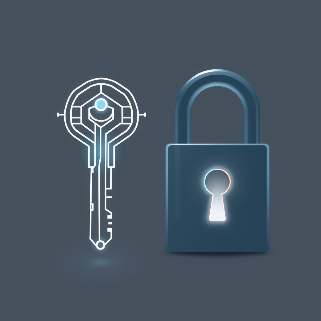 Geometric Circuit Key & Digital Interface Padlock: Create a key from sharp, angular, interconnected lines suggesting a complex digital circuit or a light-based key. It interacts with a contemporary padlock shilouette that, instead of a traditional keyhole, features a small, clean digital interface (e.g., a few illuminated dots or a tiny status bar).