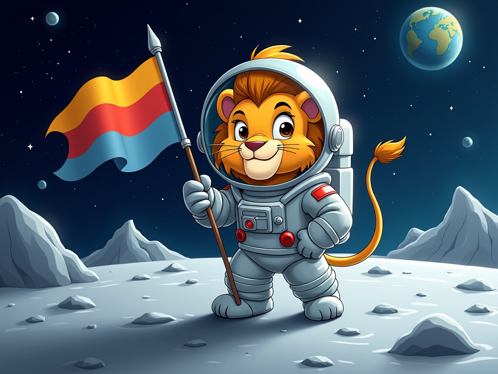 A lion wearing a spacesuit, with a determined look on its face, posed as if it's planting a flag on the moon.