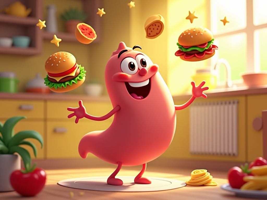 The image shows a cartoon character standing in a kitchen with hamburgers flying around him. On the table in front of him is a plate of food items, a plant in a pot, and other objects. In the background, there are cupboards, a sink, a tap, a window, and a wall.