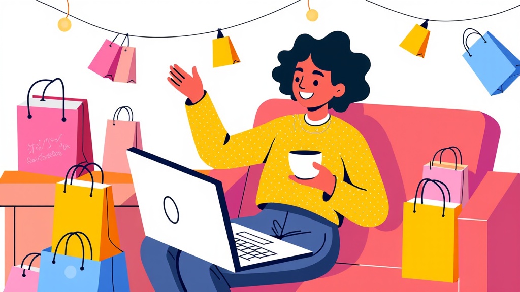  a young woman sitting on a pink couch with a laptop in front of her. She is wearing a yellow sweater and has curly black hair. She has a cup of coffee in her hand and is waving to the camera with a smile on her face. There are several colorful shopping bags scattered around her, including pink, blue, yellow, and orange. The background is white and there are string lights hanging above her head. The overall mood of the image is cheerful and relaxed.