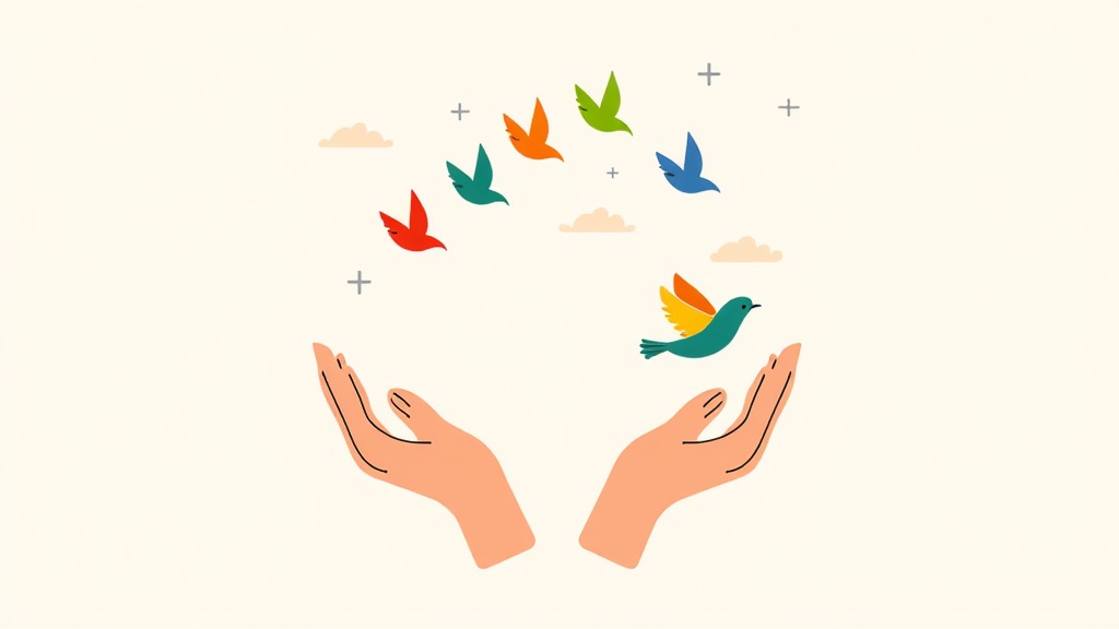 A split illustration showing two stylized hands: one is open, releasing birds (representing free thoughts/speech), the other is gently closing around or guiding a bird (representing necessary rules/guidelines).
