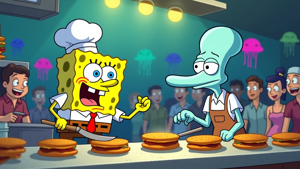 SpongeBob and Squidward reluctantly working together during a busy shift at the Krusty Krab, with customers lining up eagerly.