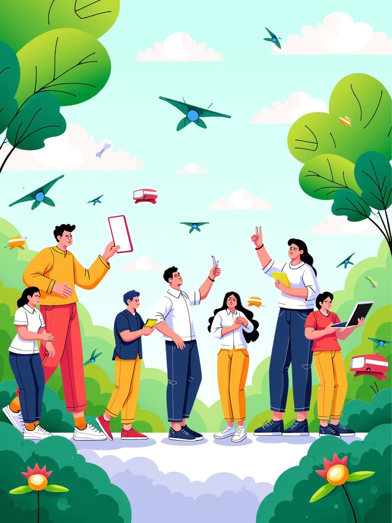 Harmonized Tech & Humanity: Produce illustrations focusing on the positive synergy between advanced technology and human experience. Showcase how innovations like AI, mixed reality, and cloud empower individuals and communities, subtly integrating nature or organic elements to signify sustainable and human-centric technological advancement.