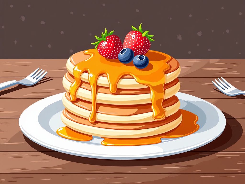  a stack of pancakes on a white plate. The pancakes are golden brown and appear to be freshly made. On top of the stack, there are two fresh strawberries and two blueberries. The syrup is dripping down the sides of the pancakes. The plate is on a wooden table with two forks on either side. The background is a dark brown color.