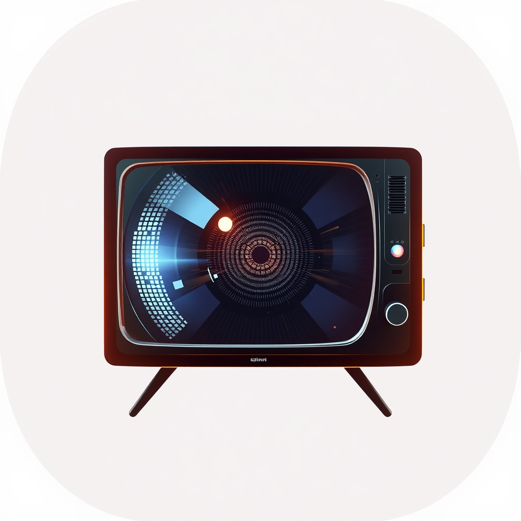 AI Iris Lens TV: The TV screen is depicted as a futuristic camera lens or robotic eye, with a pixelated iris that subtly animates or glows, signifying AI vision.