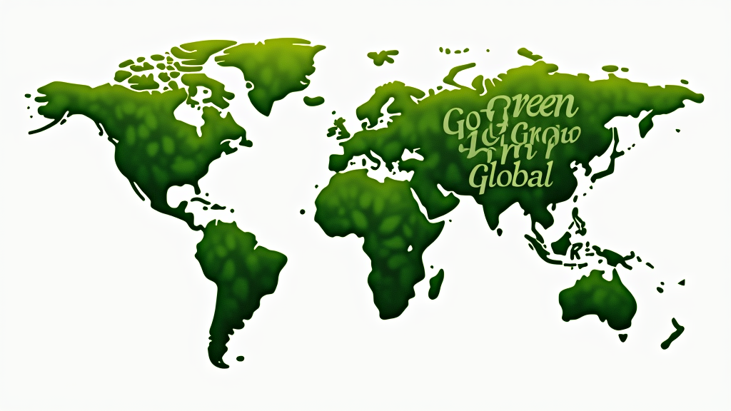 A world map where continents are stylized as lush green leaves or tree canopies. The phrase 'Go Green, Grow Global' could be integrated in a flowing, nature-inspired font.