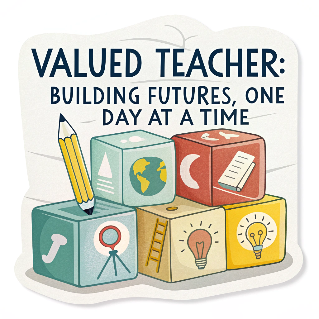 Building Blocks of Knowledge: Colorful building blocks, each with a symbol of education (pencil, globe, lightbulb), stacked to show progress. Text: 'Valued Teacher: Building Futures, One Day at a Time.'