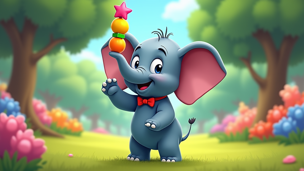 A whimsical cartoon elephant, Bartholomew, balancing a stack of colorful objects on his trunk, with a playful, slightly wobbly stance.