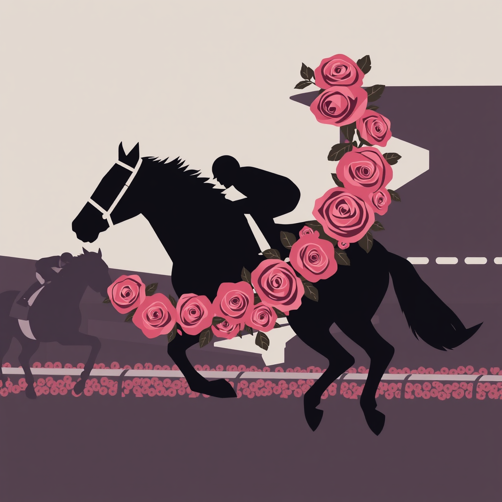 Sub-design Idea 5: The iconic rose garland gracefully draped over a dynamic silhouette of a racing thoroughbred and jockey crossing the finish line, directly linking the roses to the moment of victory.