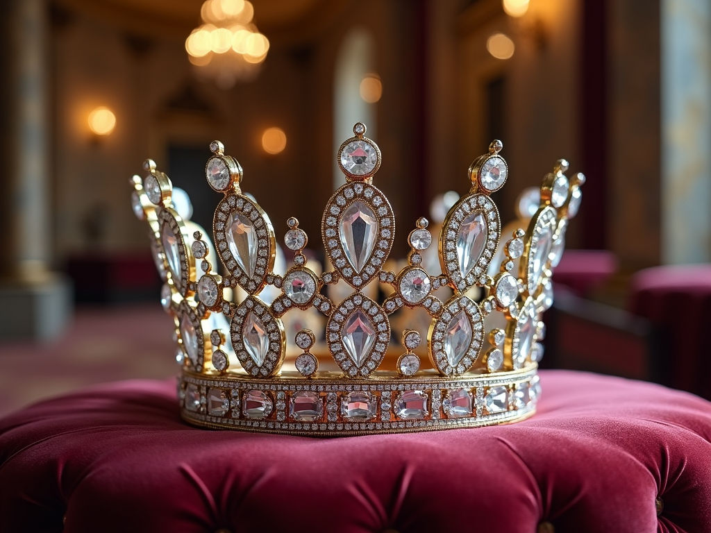 Foreground focus on a crown with shimmering diamonds, complemented by architectural elegance in the background.