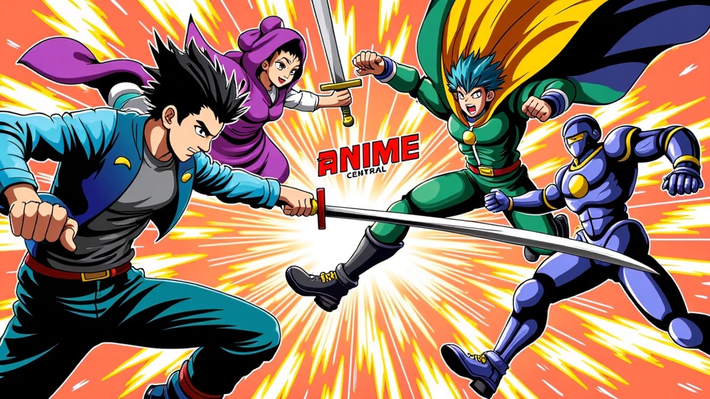 Illustration 1: A vibrant scene depicting a multi-character clash, with at least three distinct anime archetypes (e.g., a swordsman, a mage, a mecha pilot) mid-battle. Focus on dynamic poses showing extreme foreshortening, speed lines, and impactful energy effects. The 'Anime Central 2025' text could be integrated into a shattered background element or an energy blast.