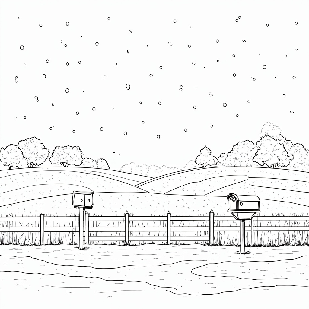 A serene snowfall in a quiet countryside, with gentle flakes drifting down to softly cover a wooden fence and rustic mailbox. The landscape is a peaceful expanse of white, darkened only by the occasional cluster of trees.